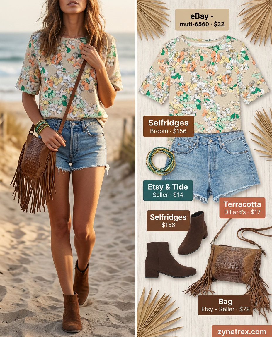 Boho beach festival outfit with a floral boat neck top, denim shorts, and suede ankle boots. Summer Boat Neck outfits for women 2026.