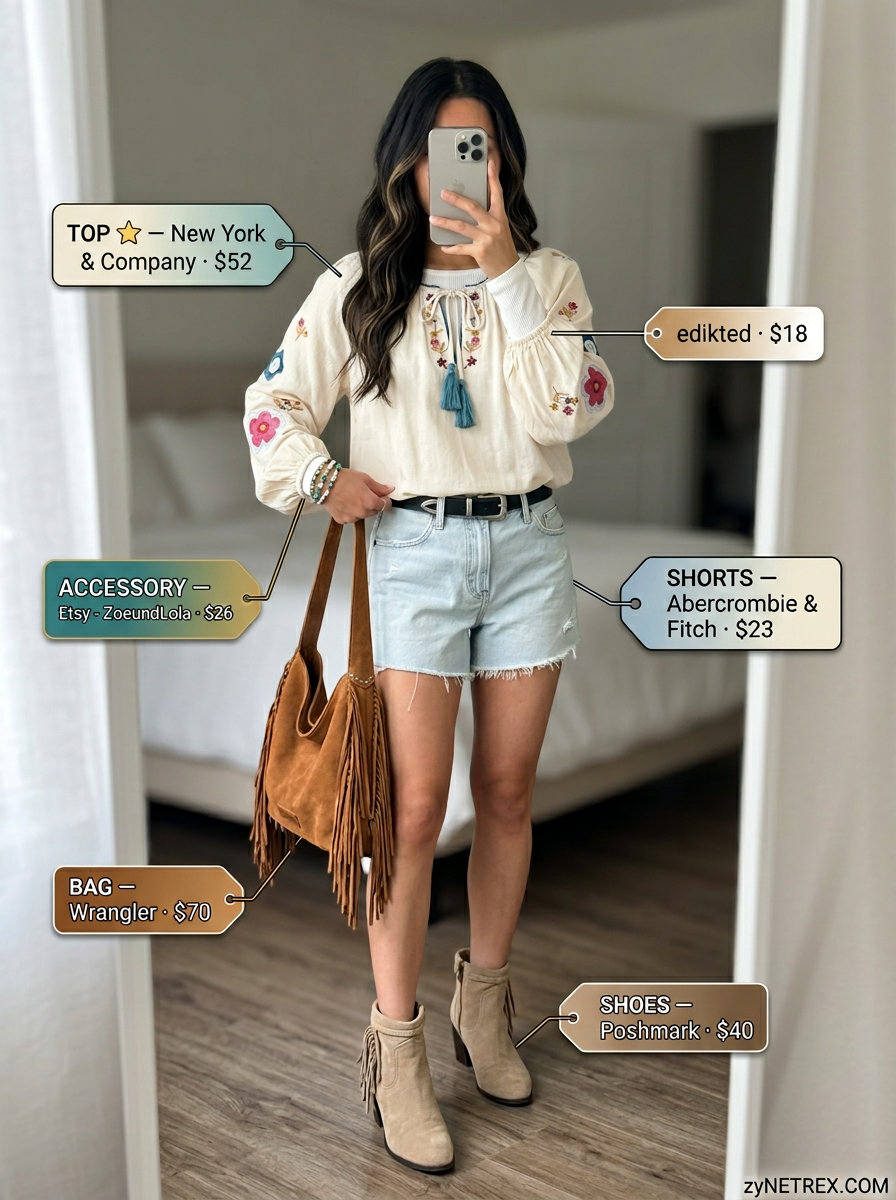 Boho beach vibes boat neck outfit for women 2026: cream blouse, distressed denim shorts, suede boots, fringe bag.