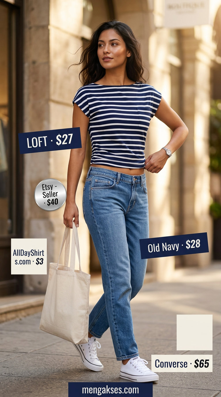 Casual summer boat neck outfit for women 2026: navy & white striped top, blue jeans, white sneakers, canvas tote.
