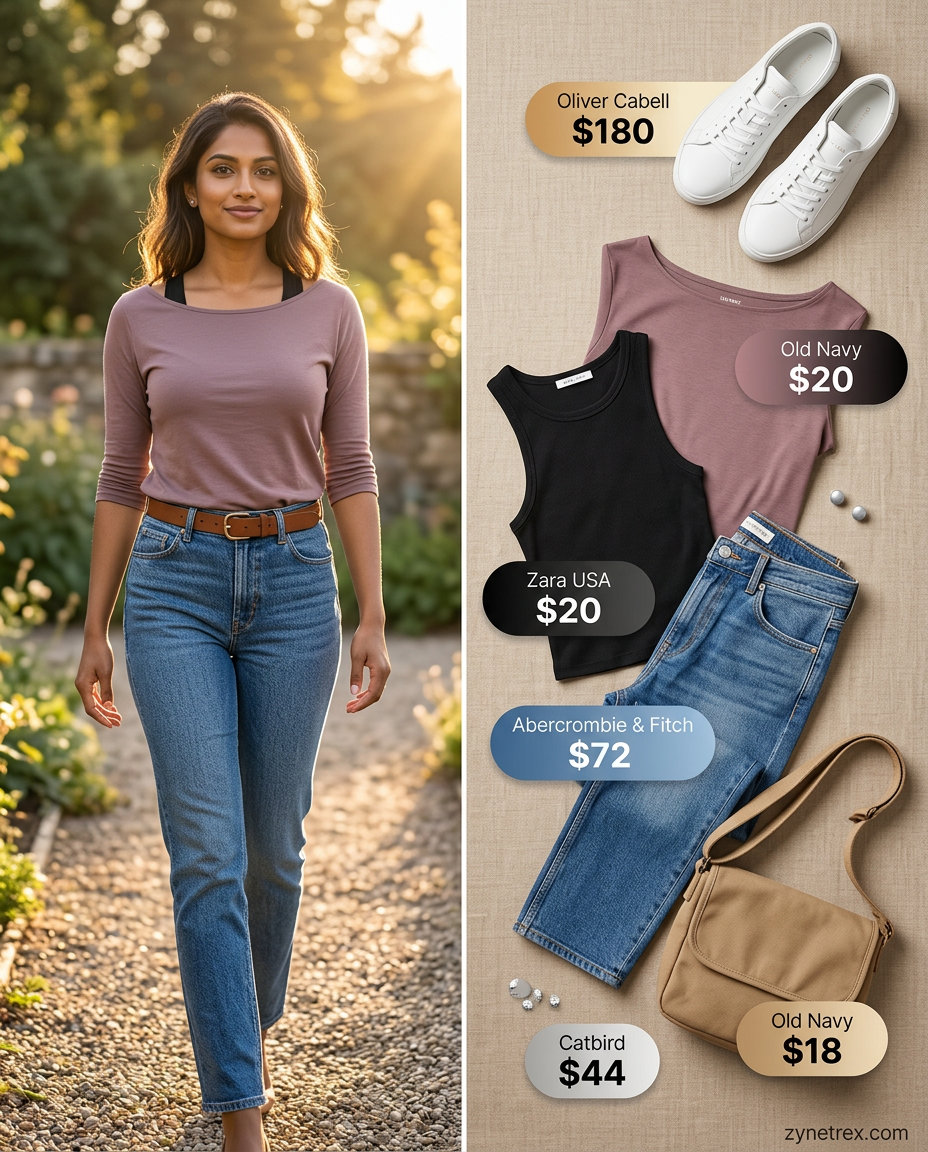 Casual blush pink boat neck t-shirt with straight-leg jeans for stylish summer boat neck outfits for women 2026.