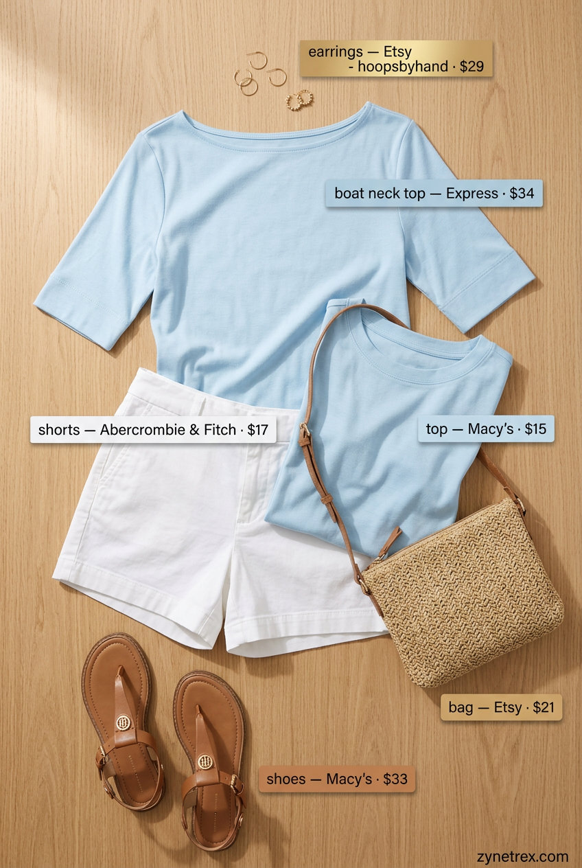 Casual summer evening boat neck outfit for women 2026: light blue top, white denim shorts, tan sandals, straw bag.