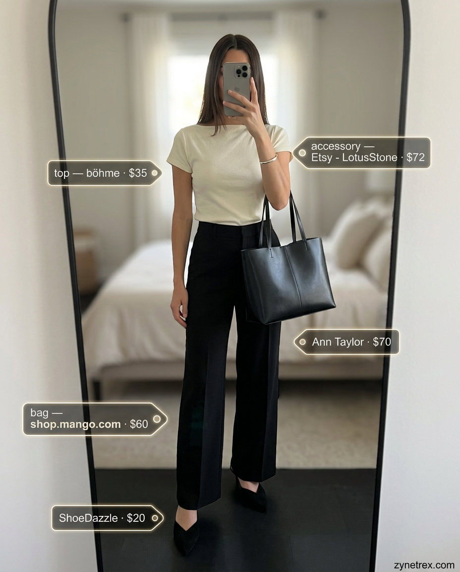 Chic summer commute boat neck outfit for women 2026: cream knit top, black wide-leg pants, mules, structured tote.