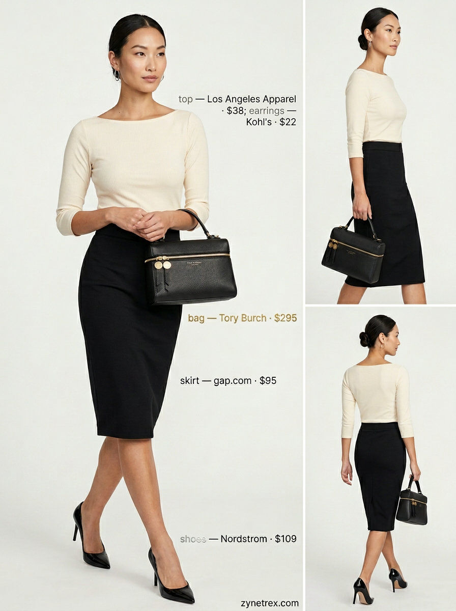 City chic boat neck outfit for women 2026: cream fitted top, black pencil skirt, heels, structured bag, hoop earrings.