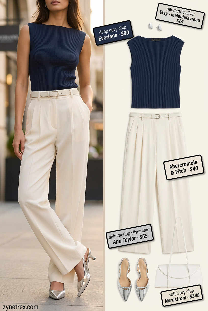 Sophisticated city summer outfit: navy boat neck top, ivory wide-leg trousers, and metallic slingbacks. Summer Boat Neck outfits for women 2026.