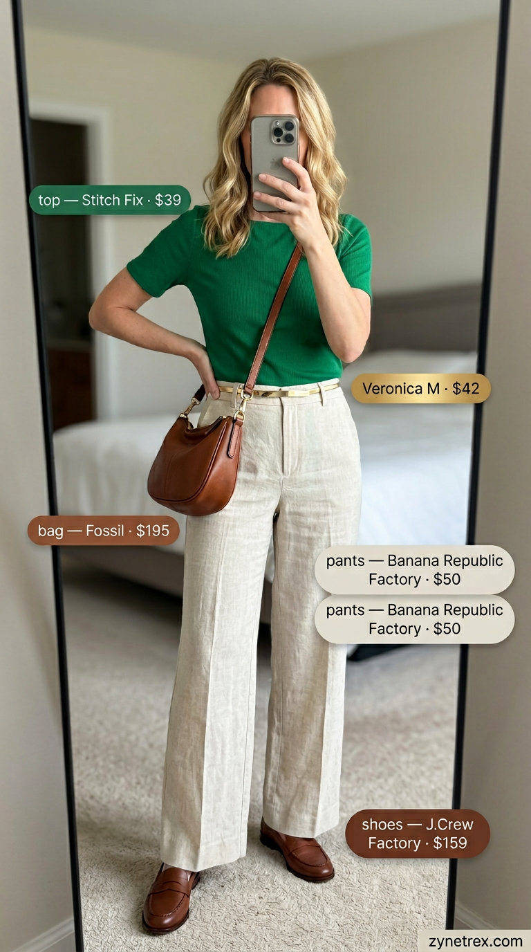 Polished forest green boat neck top with beige wide-leg trousers for city boat neck outfits for women 2026.