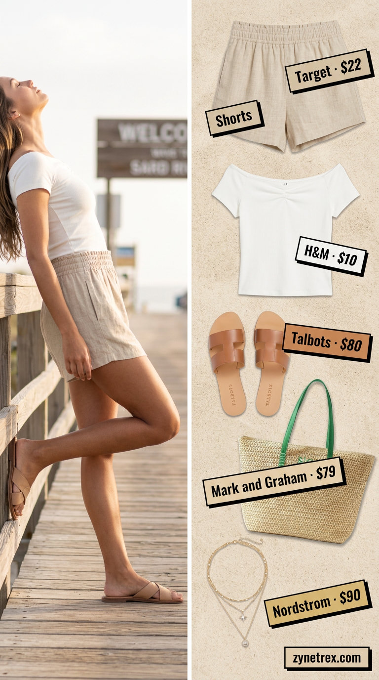 Coastal breeze outfit: white boat neck top, linen shorts, and leather slides. Summer Boat Neck outfits for women 2026.