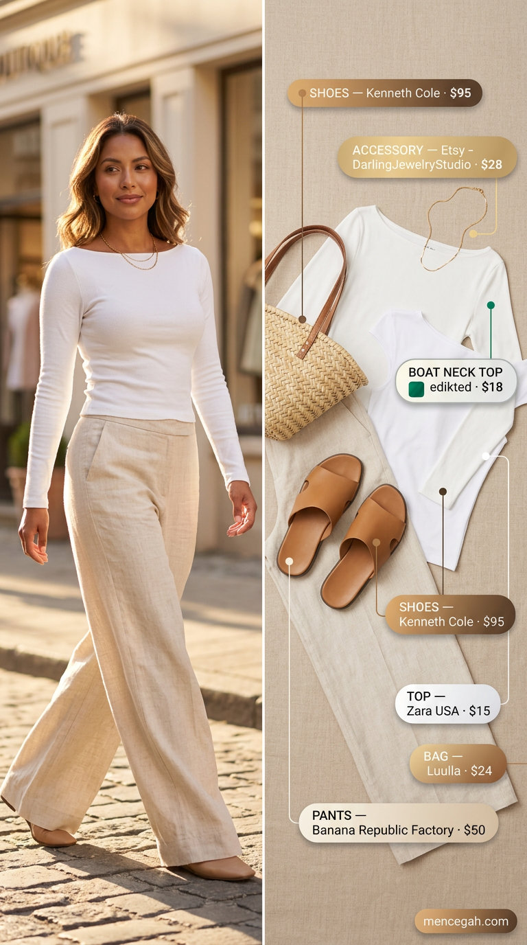 Coastal breeze boat neck outfit for women 2026: white top, beige linen pants, slides, straw tote, gold necklace.