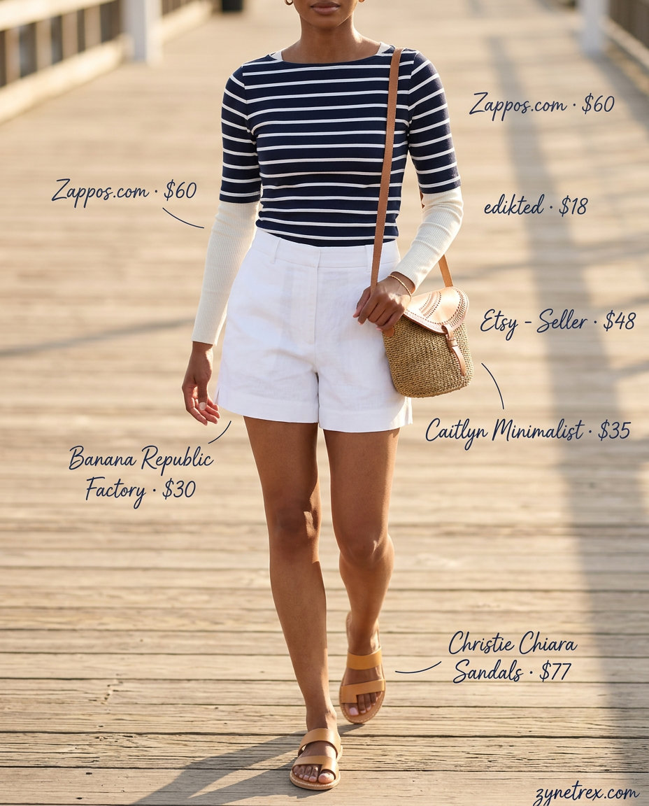 Nautical navy and white striped boat neck t-shirt with linen shorts for coastal boat neck outfits for women 2026.