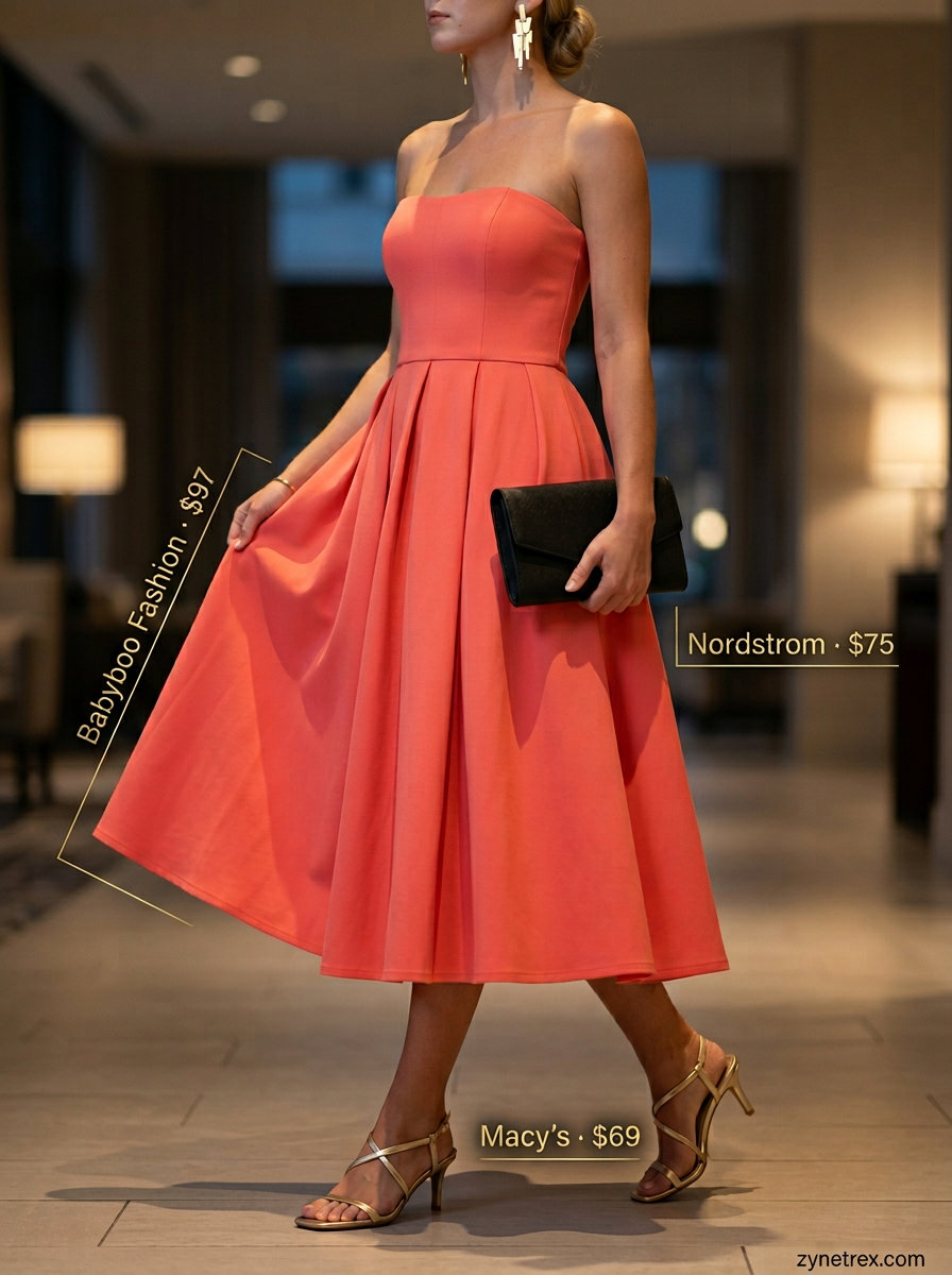 Vibrant coral boat neck midi dress for elegant summer evening boat neck outfits for women 2026.