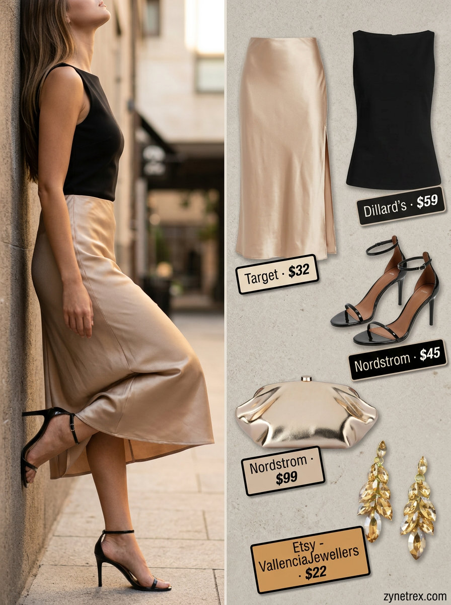 Elegant evening outfit: black boat neck top, champagne satin skirt, and strappy heels. Summer Boat Neck outfits for women 2026.
