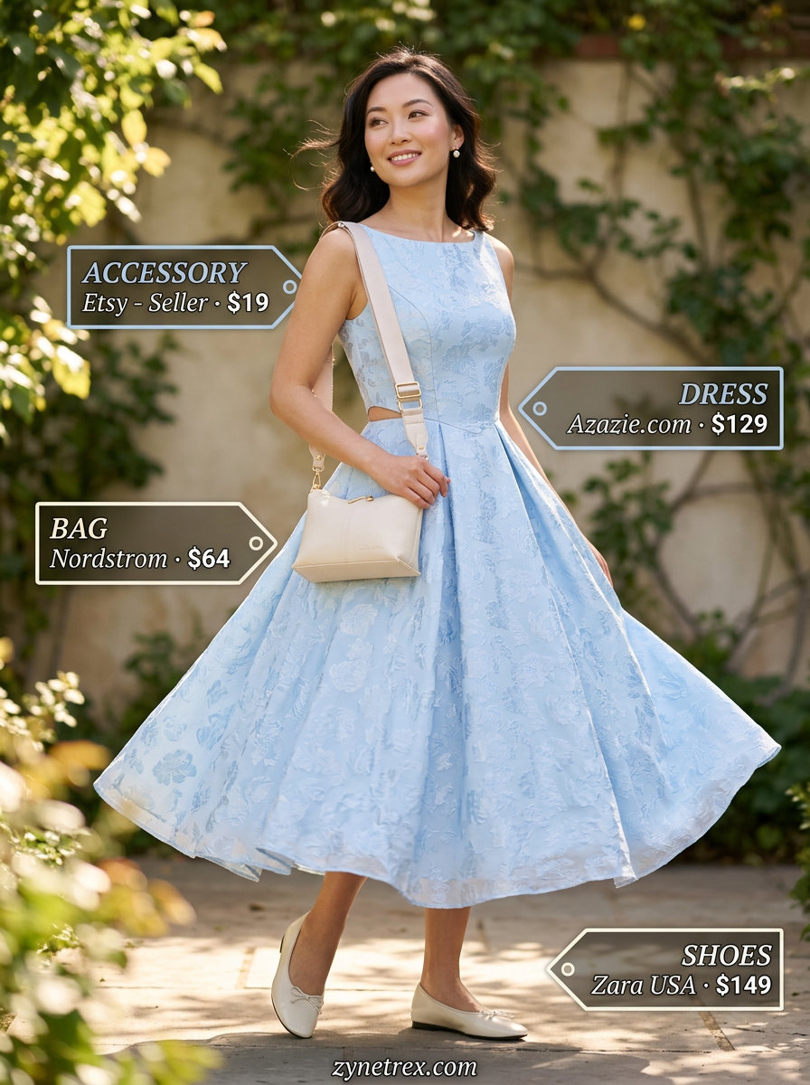 Feminine garden party outfit: pastel blue boat neck dress, ballet flats, and pearl earrings. Summer Boat Neck outfits for women 2026.