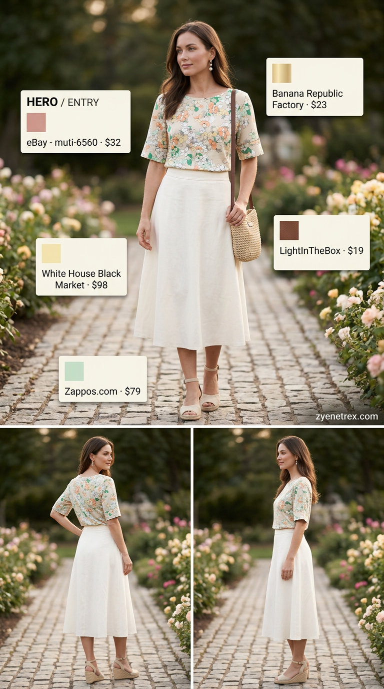 Romantic floral boat neck top with midi skirt for summer boat neck outfits for women 2026 garden party style.