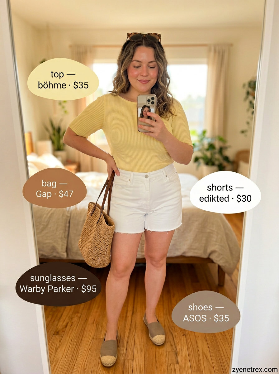 Relaxed yellow boat neck top with white denim shorts for casual summer boat neck outfits for women 2026.