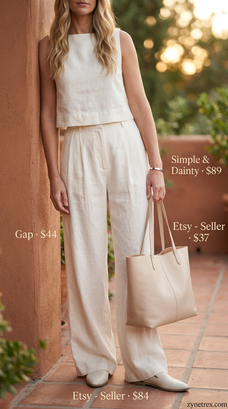 Minimalist linen outfit: ivory boat neck top, cream wide-leg trousers, and leather mules. Summer Boat Neck outfits for women 2026.
