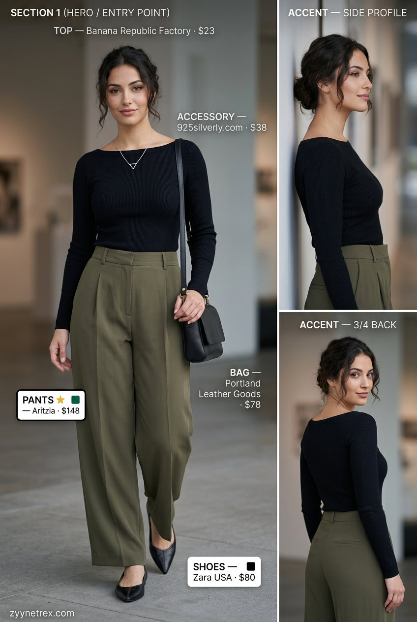 Modern minimalist boat neck outfit for women 2026: black top, olive trousers, black flats, structured bag, silver necklace.
