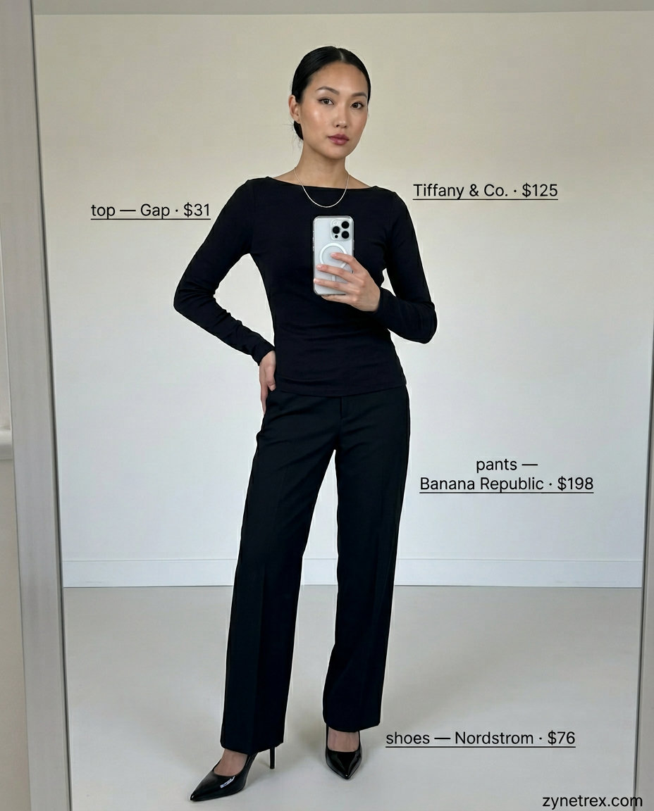 Chic black boat neck top with high-waisted pants for minimalist evening boat neck outfits for women 2026.