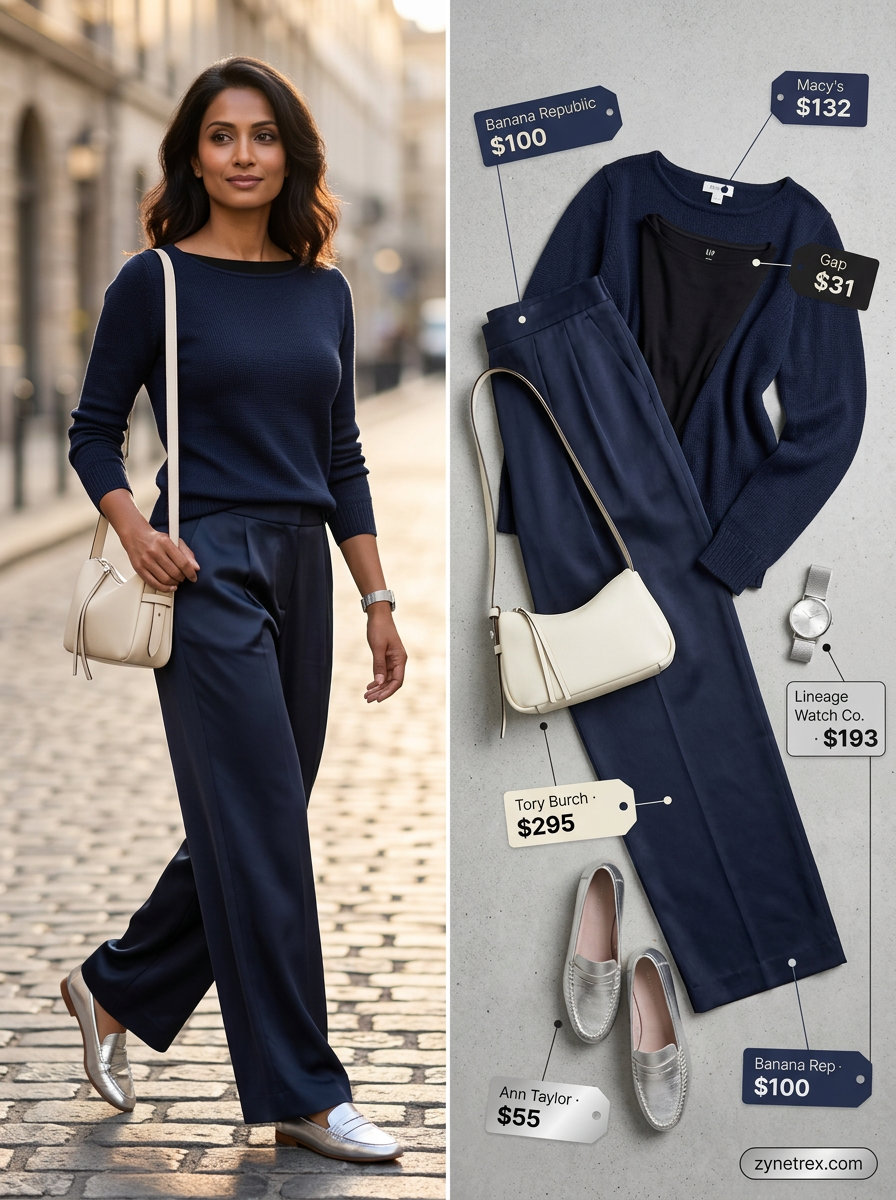 Sophisticated navy boat neck top with wide-leg trousers for smart casual boat neck outfits for women 2026.