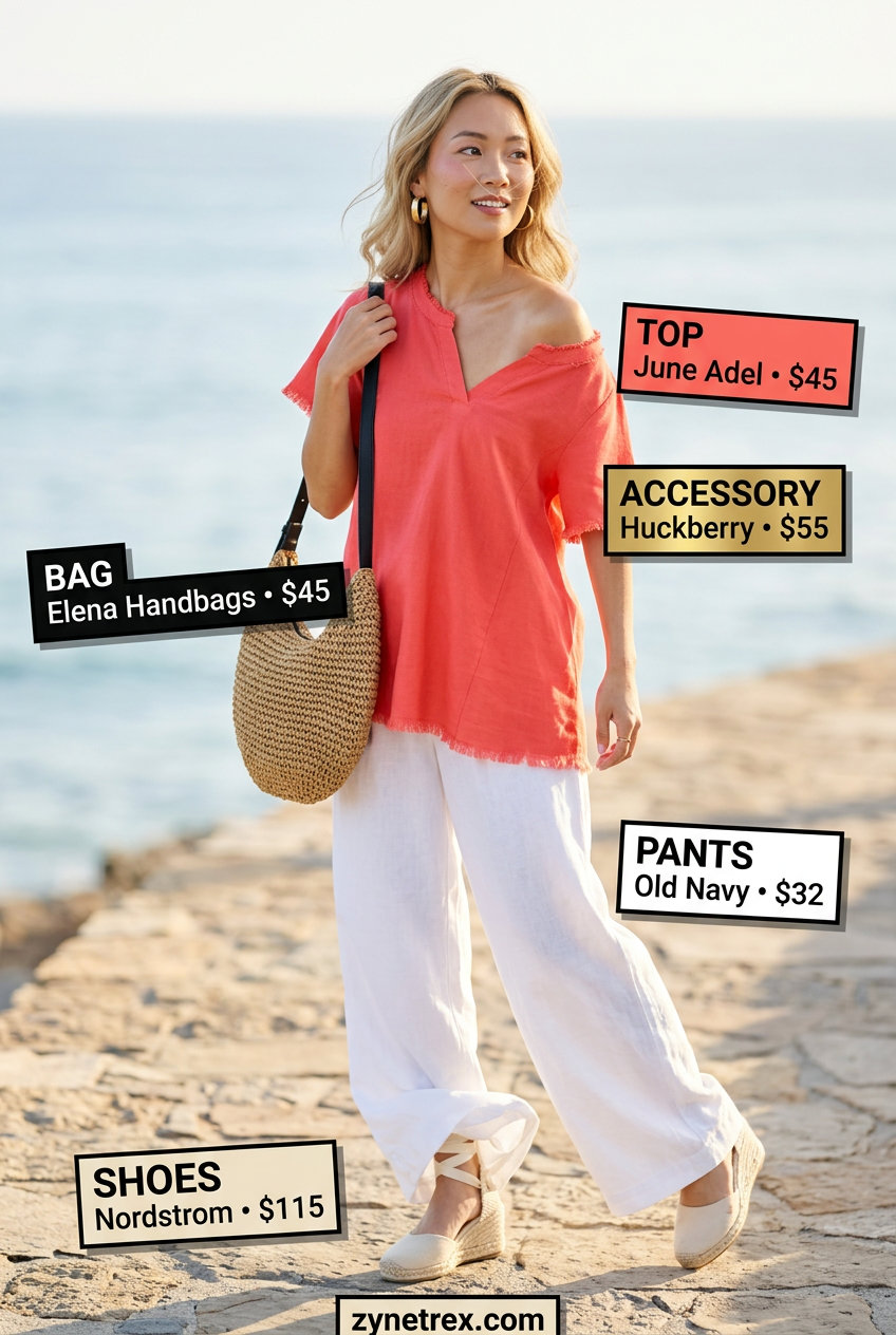 Resort ready outfit: coral boat neck top, white palazzo pants, and espadrille wedges. Summer Boat Neck outfits for women 2026.