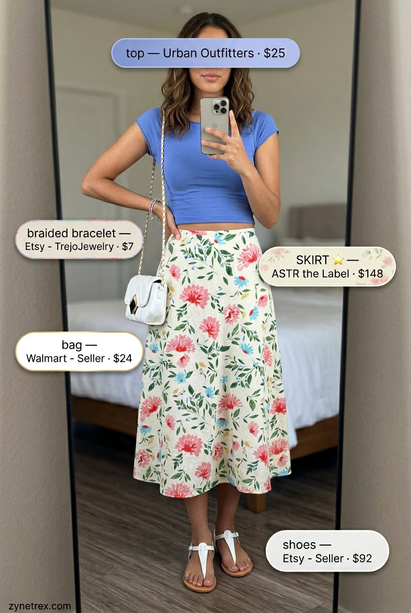 Playful summer skirt outfit: pastel blue boat neck tee, floral midi skirt, and white sandals. Summer Boat Neck outfits for women 2026.