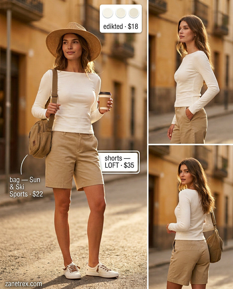 Vacation ready boat neck outfit for women 2026: white linen top, khaki shorts, canvas sneakers, straw hat, belt bag.