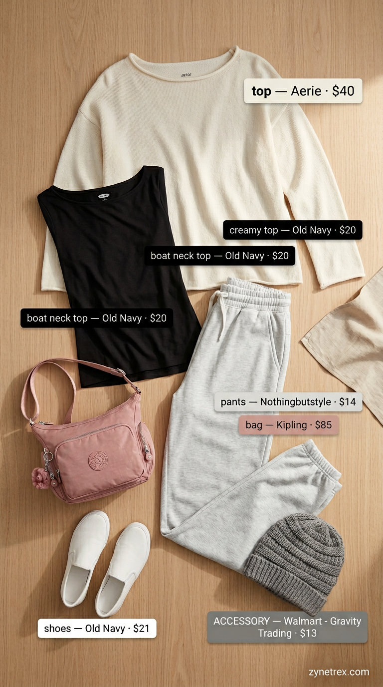 Weekend comfort boat neck outfit for women 2026: grey knit sweater, joggers, slip-on sneakers, beanie, crossbody bag.