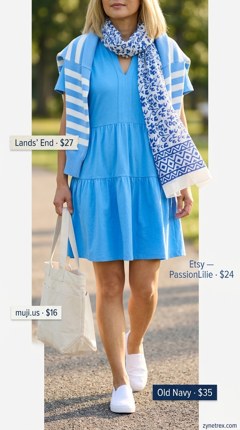 Summer Cardigan Over Sundress Outfits 2026: Road Trip Light blue sundress with white sneakers and canvas tote for summer cardigan over sundress outfits 2026.