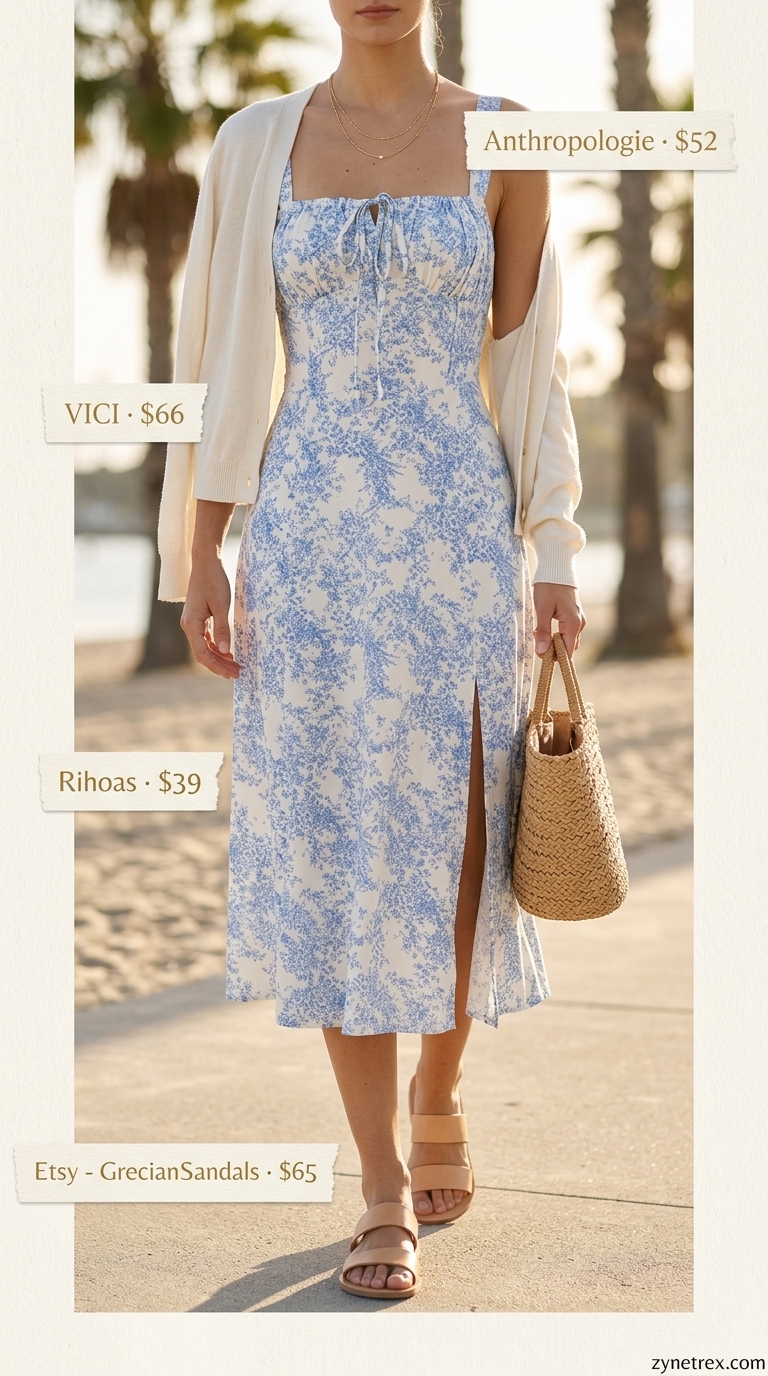 Summer Cardigan Over Sundress Outfits 2026: Coastal Breeze Light blue floral sundress with cream cardigan for summer outfits women 2026. Coastal vacation style.
