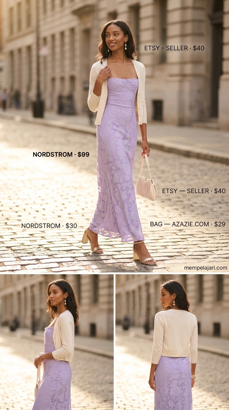 Dreamy Summer Cardigan Over Sundress Outfits 2026 Lavender floral burnout sundress with gold heels for summer cardigan over sundress outfits 2026.