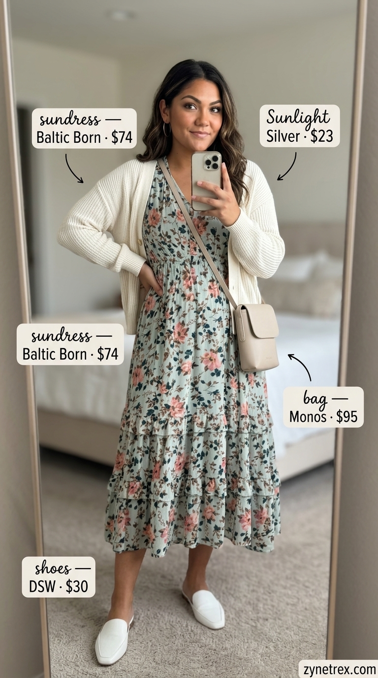 Calm Summer Cardigan Over Sundress Outfits 2026 Muted floral midi sundress with ivory accessories for summer cardigan over sundress outfits 2026.