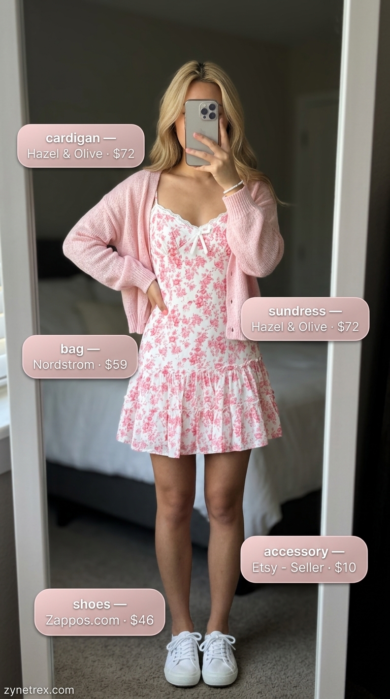 Summer Cardigan Over Sundress Outfits 2026: Pastel Picnic Pink floral sundress with white cardigan for summer outfits women 2026. Picnic style with sneakers.