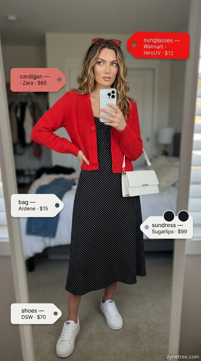 Retro Summer Cardigan Over Sundress Outfits 2026 Retro polka dot sundress with white sneakers for summer cardigan over sundress outfits 2026.