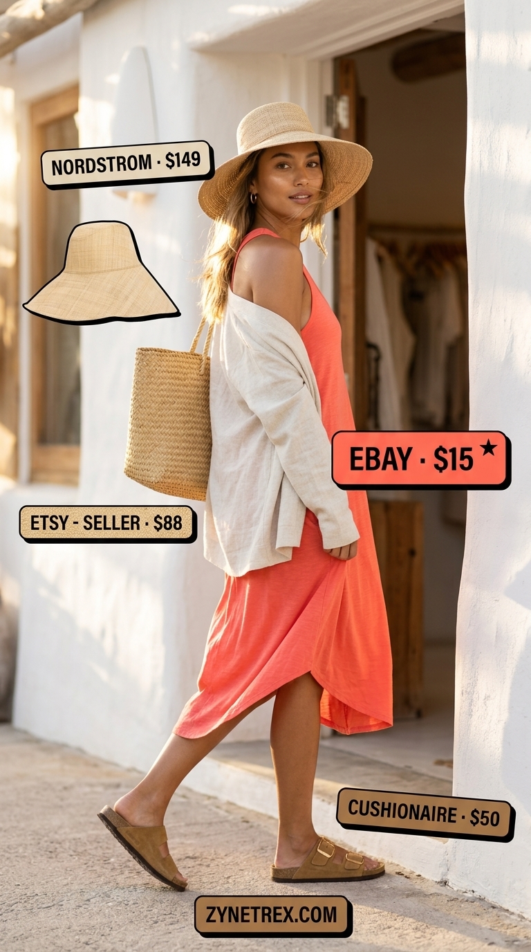 Summer Cardigan Over Sundress Outfits 2026: Seaside Casual Coral sundress with beige cardigan for summer outfits women 2026. Beach day style with straw hat & tote.