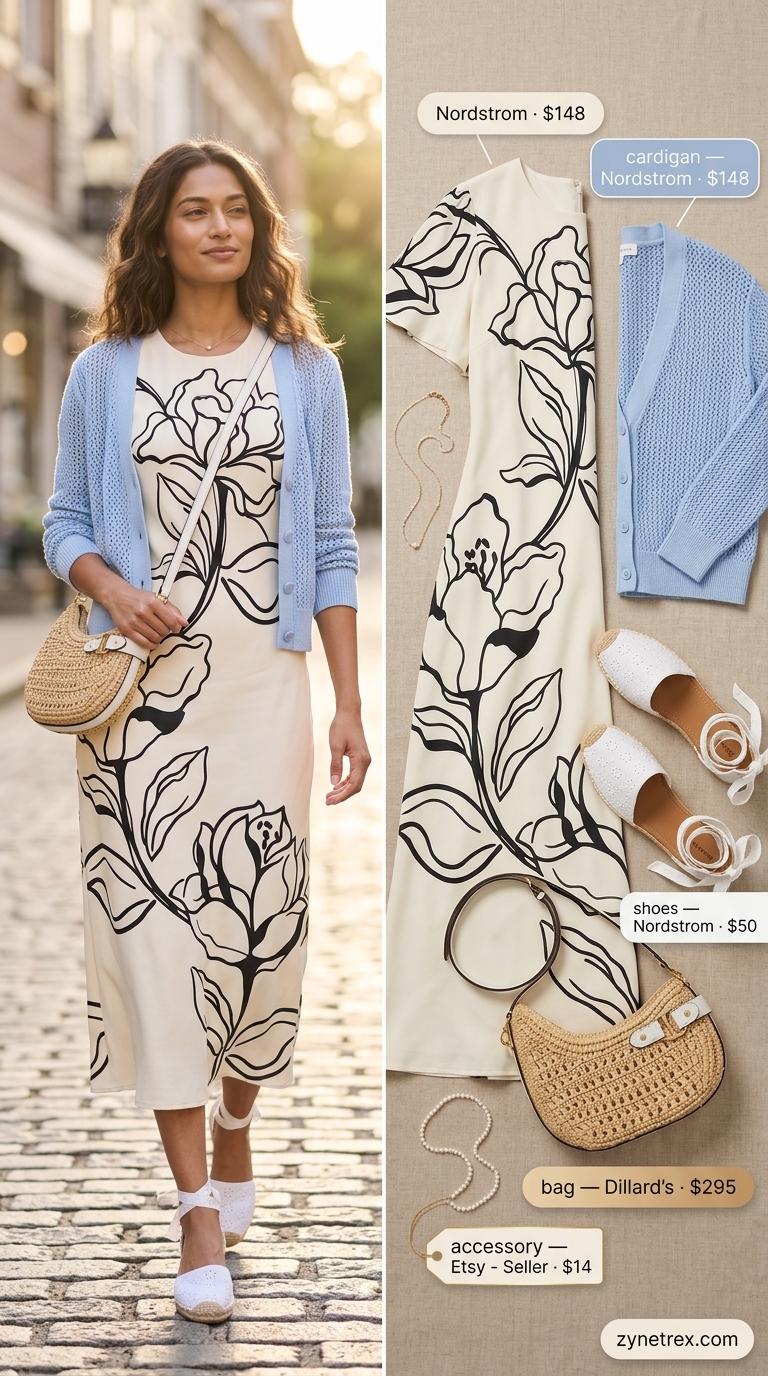 Effortless Summer Cardigan Over Sundress Outfits 2026 White floral sundress with espadrilles for summer cardigan over sundress outfits 2026.