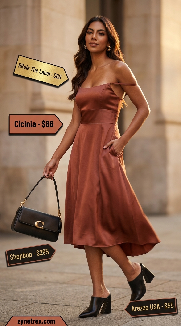 Terracotta cotton poplin midi dress with black mules, black shoulder bag, and gold hoop earrings for summer cotton dresses 2026.