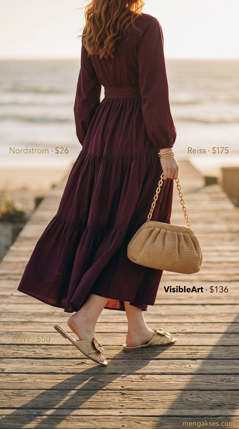 Burgundy cotton gauze maxi dress with spaghetti straps, gold bangles, metallic slides, and raffia clutch for summer cotton dresses 2026.