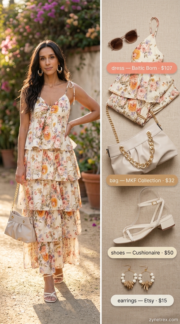 Boho garden party outfit with a floral cotton midi dress, tan sandals, and straw bag. Summer cotton dresses 2026.