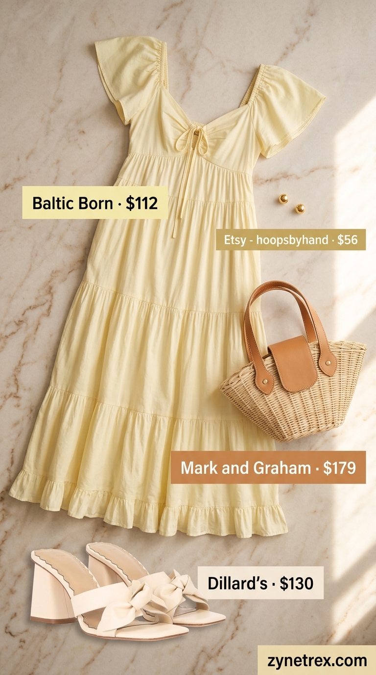 Charleston charm brunch outfit: pastel yellow seersucker cotton maxi dress, wicker bag, and white slides.