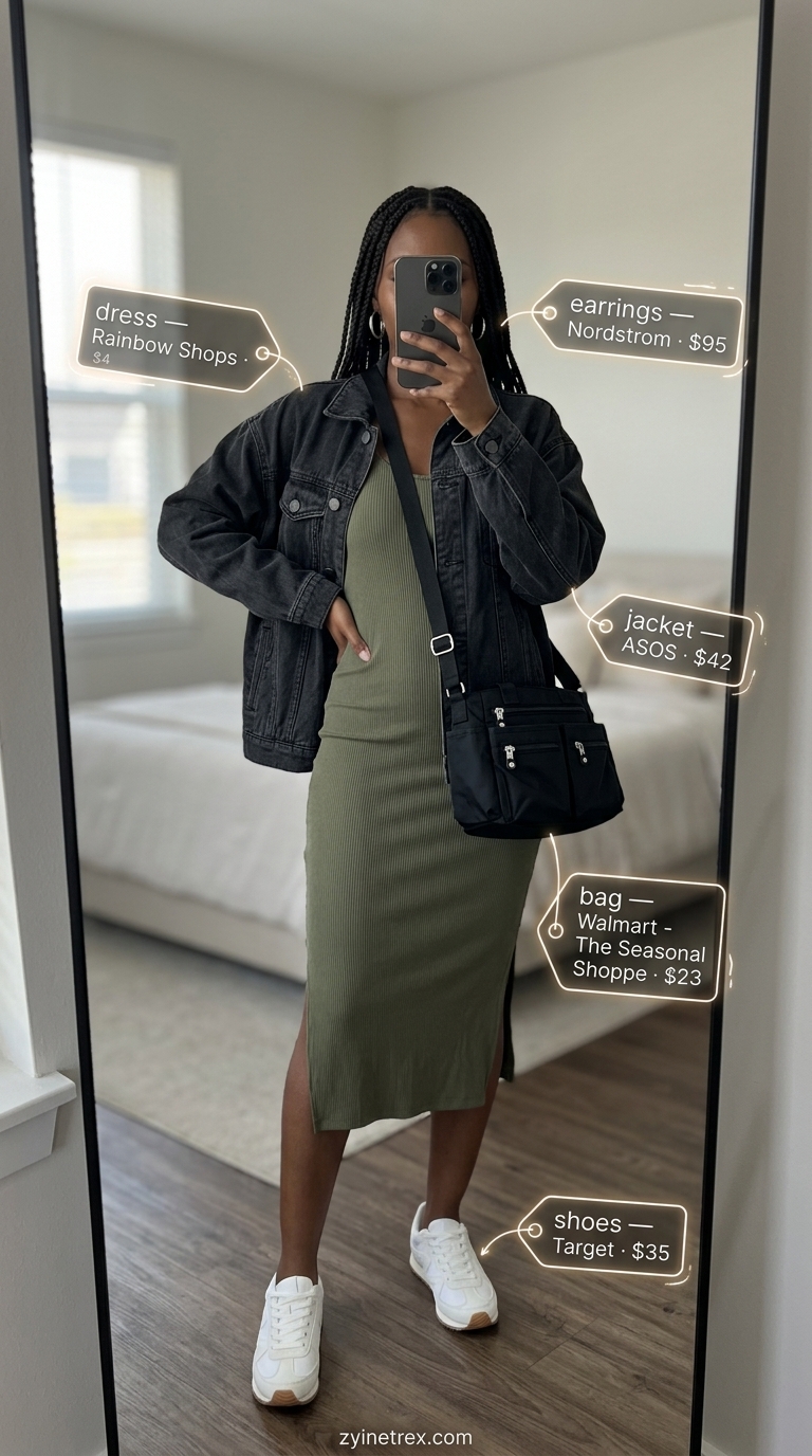 Olive green ribbed cotton midi dress with white sneakers, denim jacket, crossbody bag, and silver earrings for summer cotton dresses 2026.
