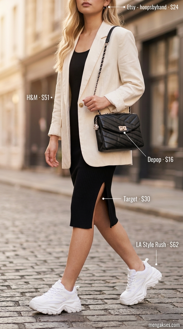 Black ribbed cotton midi dress with white blazer, silver earrings, white sneakers, and black shoulder bag for summer cotton dresses 2026.