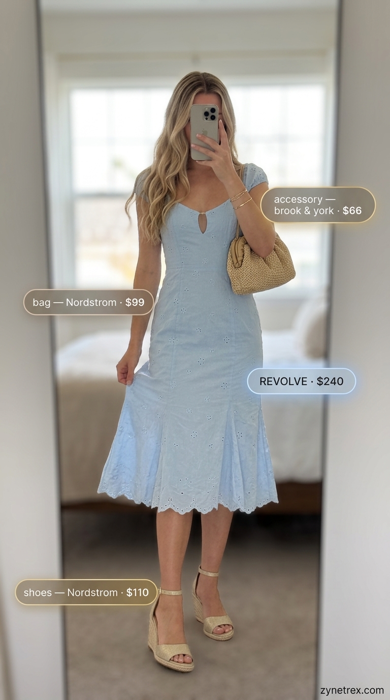 Sky blue eyelet cotton midi dress with cream espadrilles, straw clutch, and gold bangle for summer cotton dresses 2026.