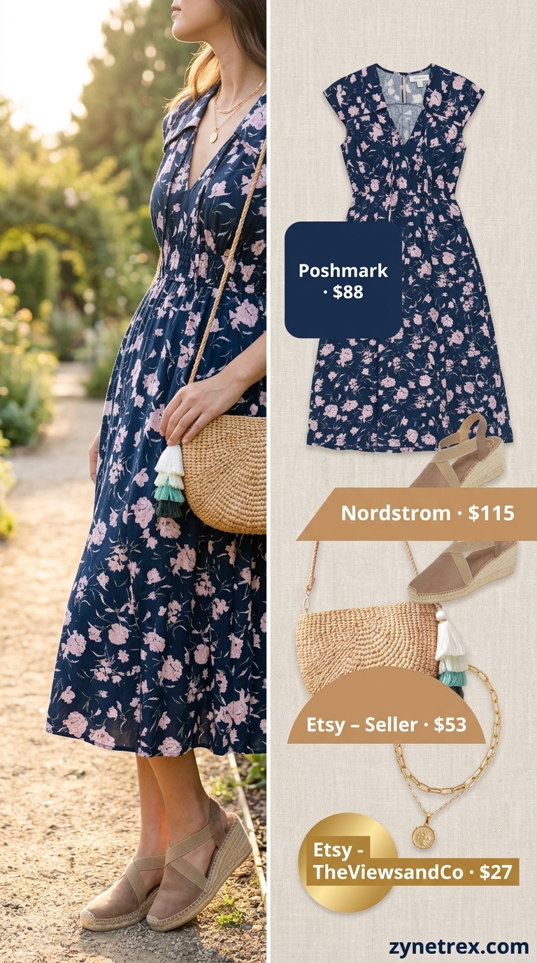 Navy floral cotton midi dress with blush pink, tan espadrilles, straw crossbody, and layered gold necklaces for summer cotton dresses 2026.