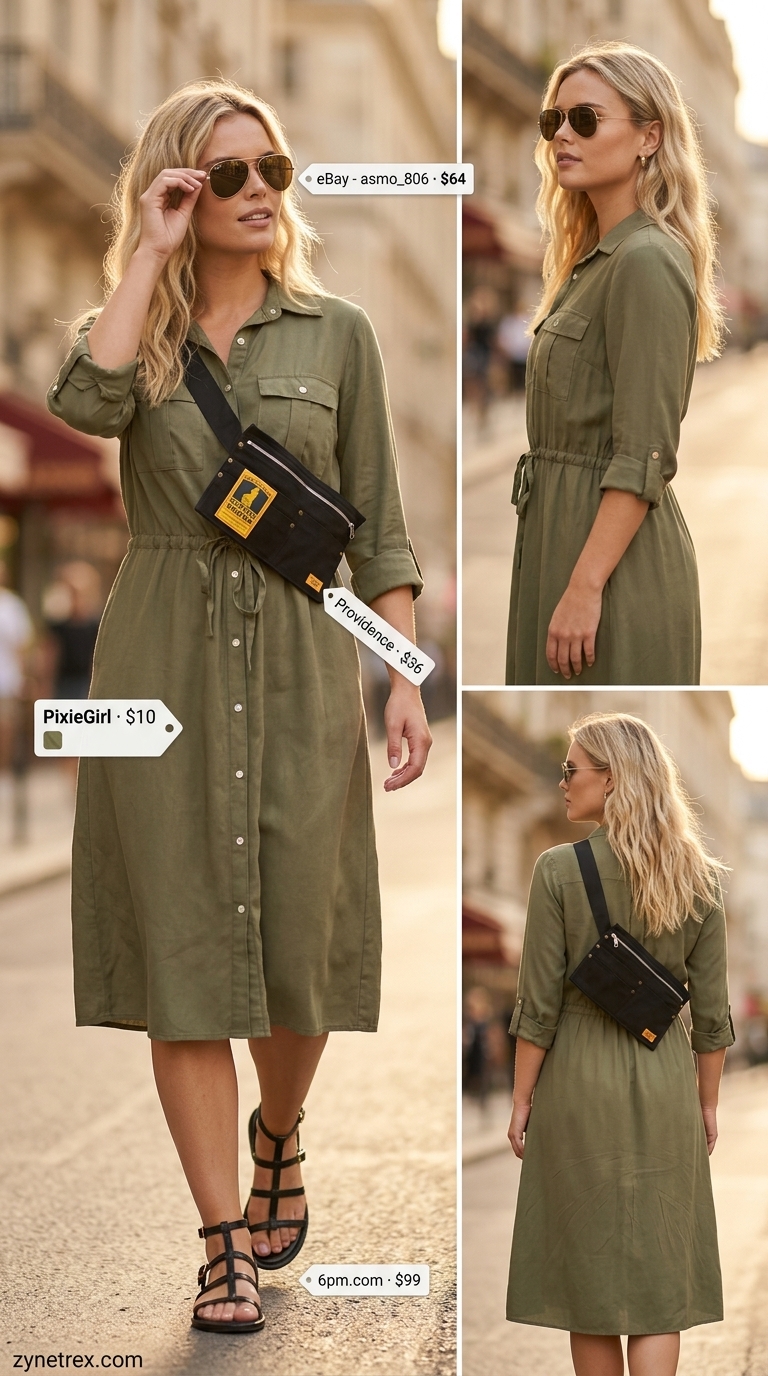 Khaki utility cotton blend midi shirtdress for a safari city stroll. Summer cotton dresses 2026.