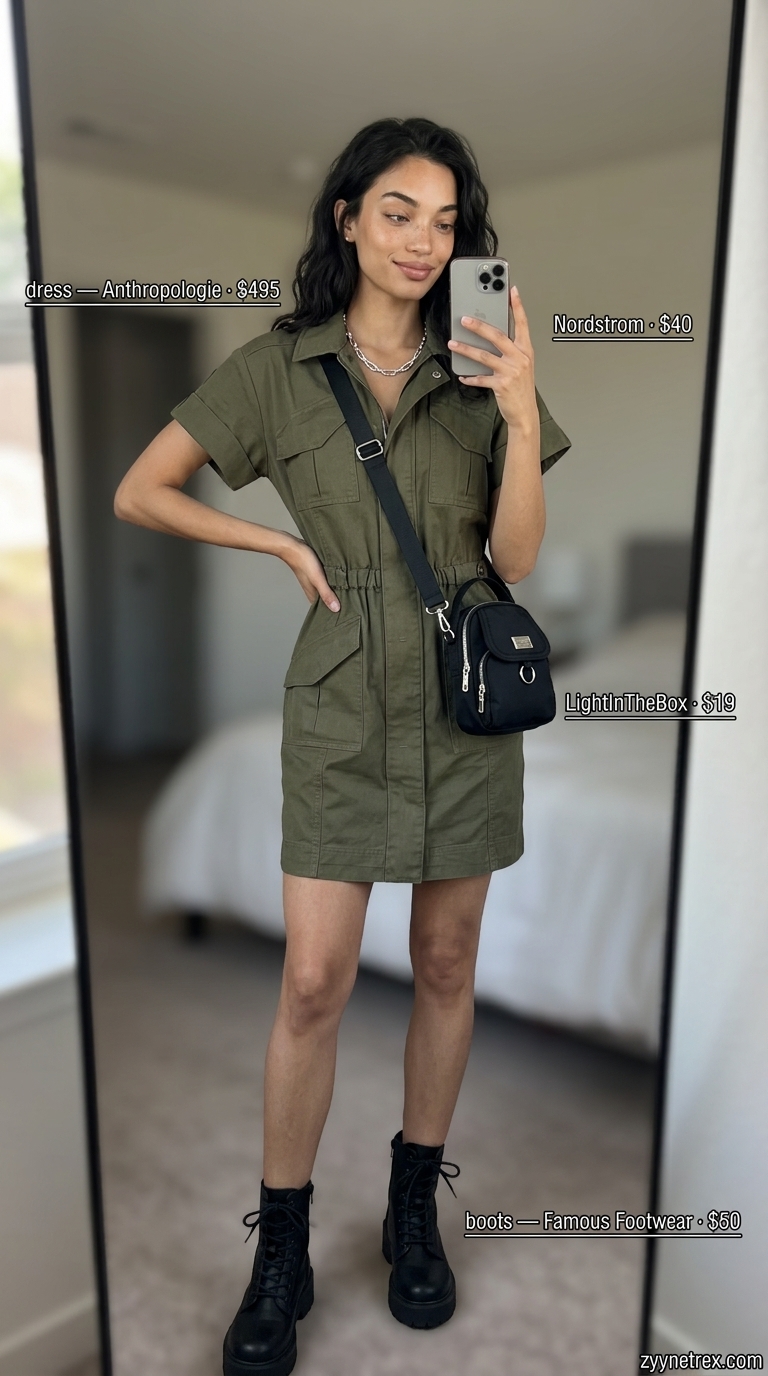 Khaki utility cotton twill mini dress for urban explorer's edge. Summer cotton dresses 2026.