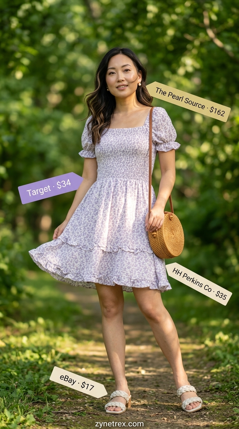 Lavender cotton smock dress with cream sandals, wicker bag, and pearl earrings for summer cotton dresses 2026.