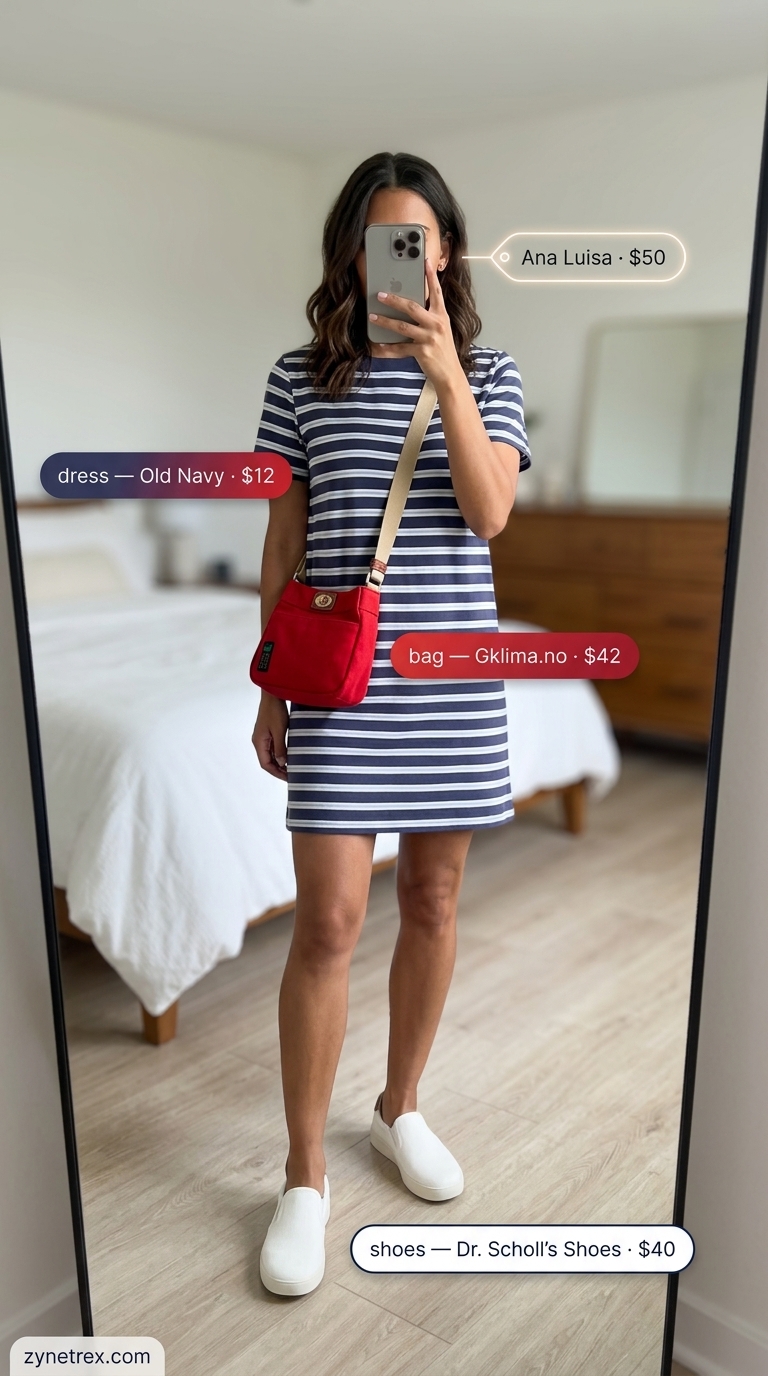 Nautical weekend escape outfit: striped cotton t-shirt mini dress, red crossbody bag, and white sneakers.