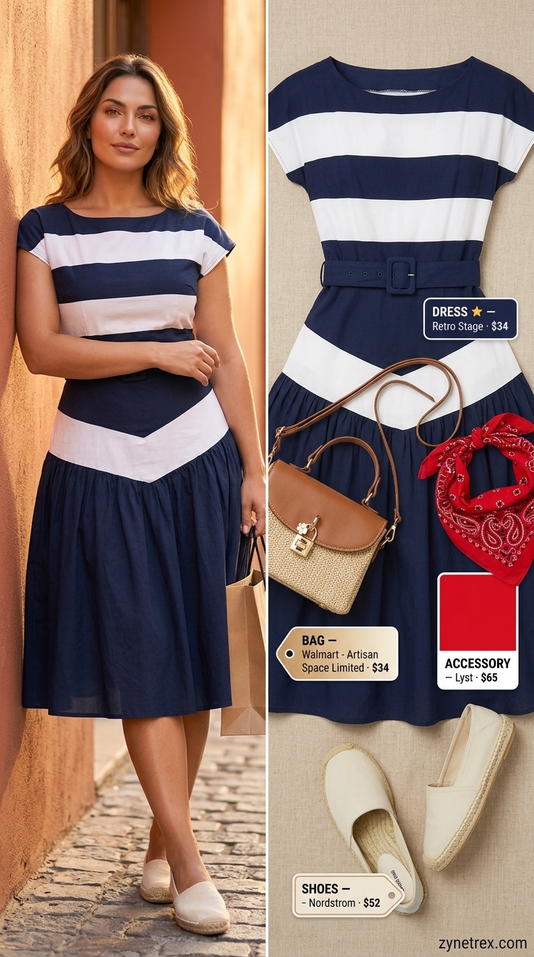 Navy and white striped cotton midi dress for nautical Riviera brunch. Summer cotton dresses 2026.