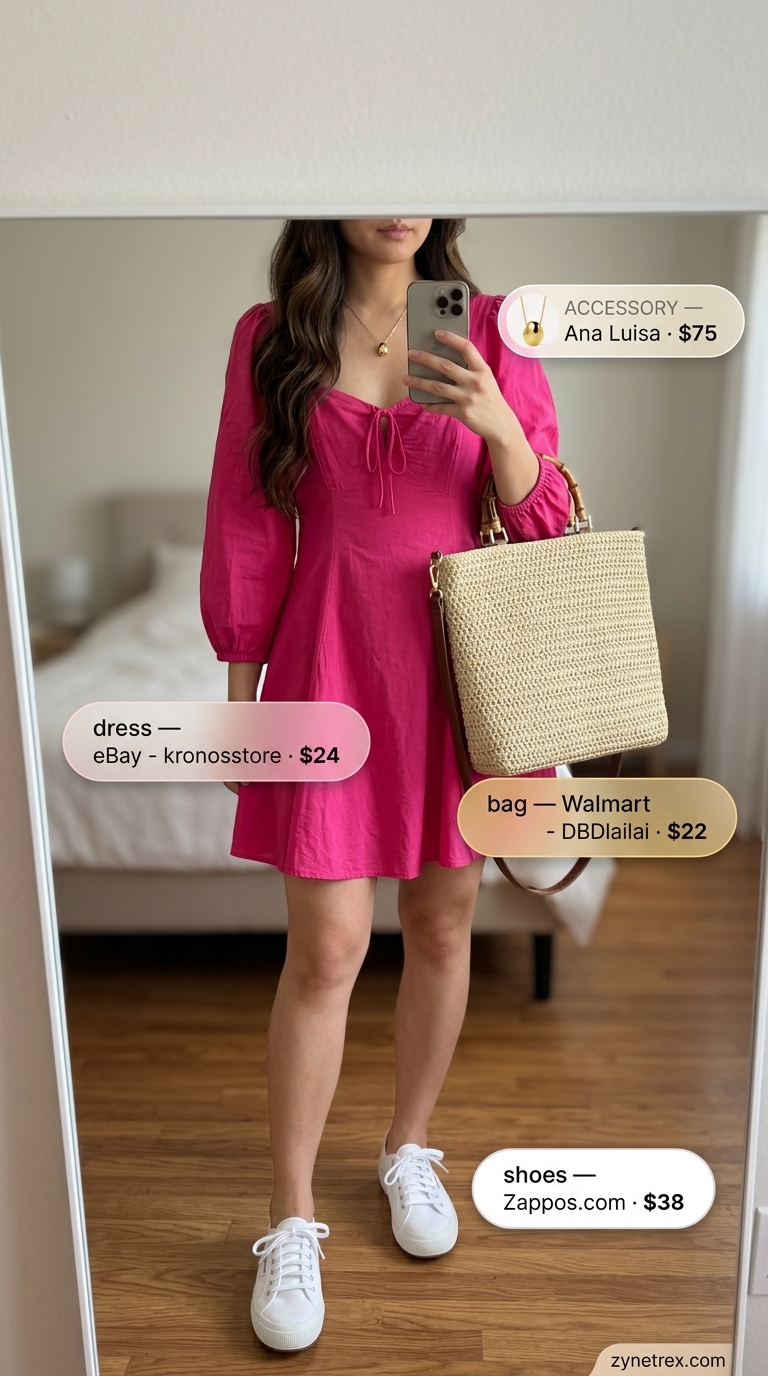 Hot pink cotton smocked mini dress with puff sleeves, white sneakers, straw tote, and gold necklace for summer cotton dresses 2026.