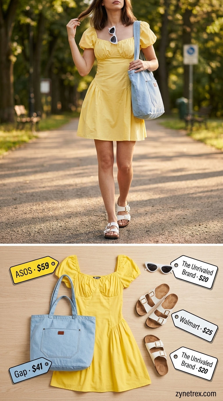 Playful park picnic outfit: bright yellow cotton mini dress, white slides, and denim tote.