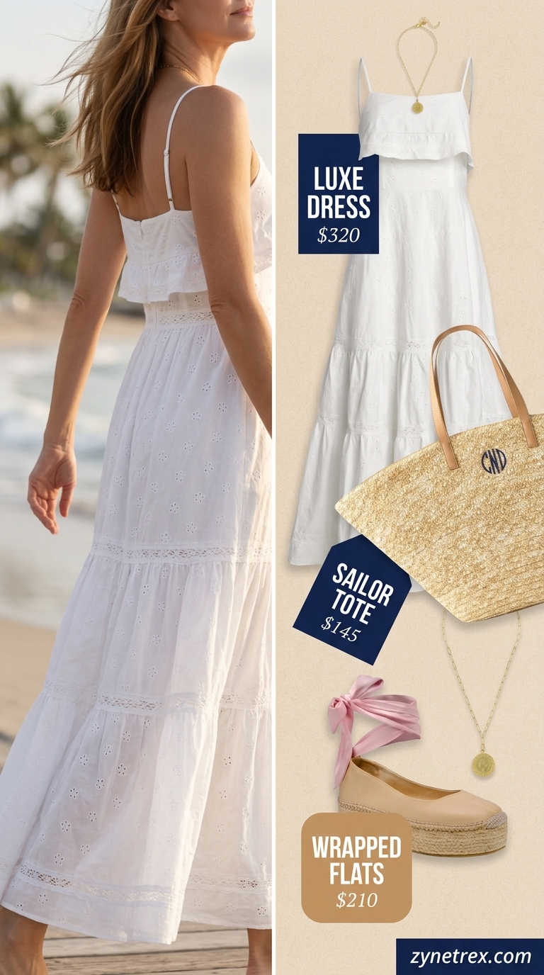 Seaside serenity brunch outfit: white cotton eyelet maxi dress, straw tote, and tan espadrilles.