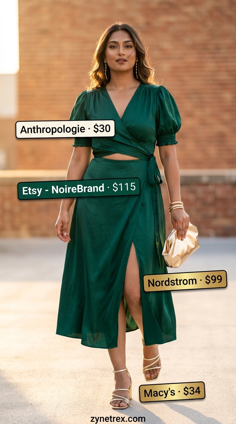 Sophisticated soiree outfit: emerald green cotton sateen dress, gold sandals, and gold clutch.